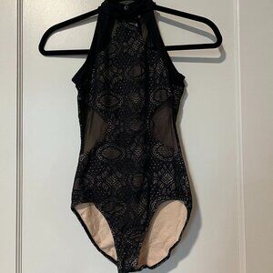 Lace and Mesh Black High-neck Leotard